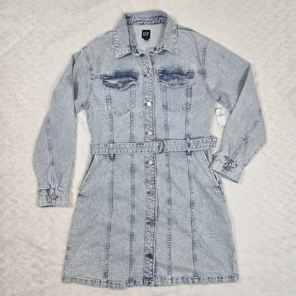 NWT GAP Belted Denim Dress Button Up Long Sleeves Light Wash Small Stretchy